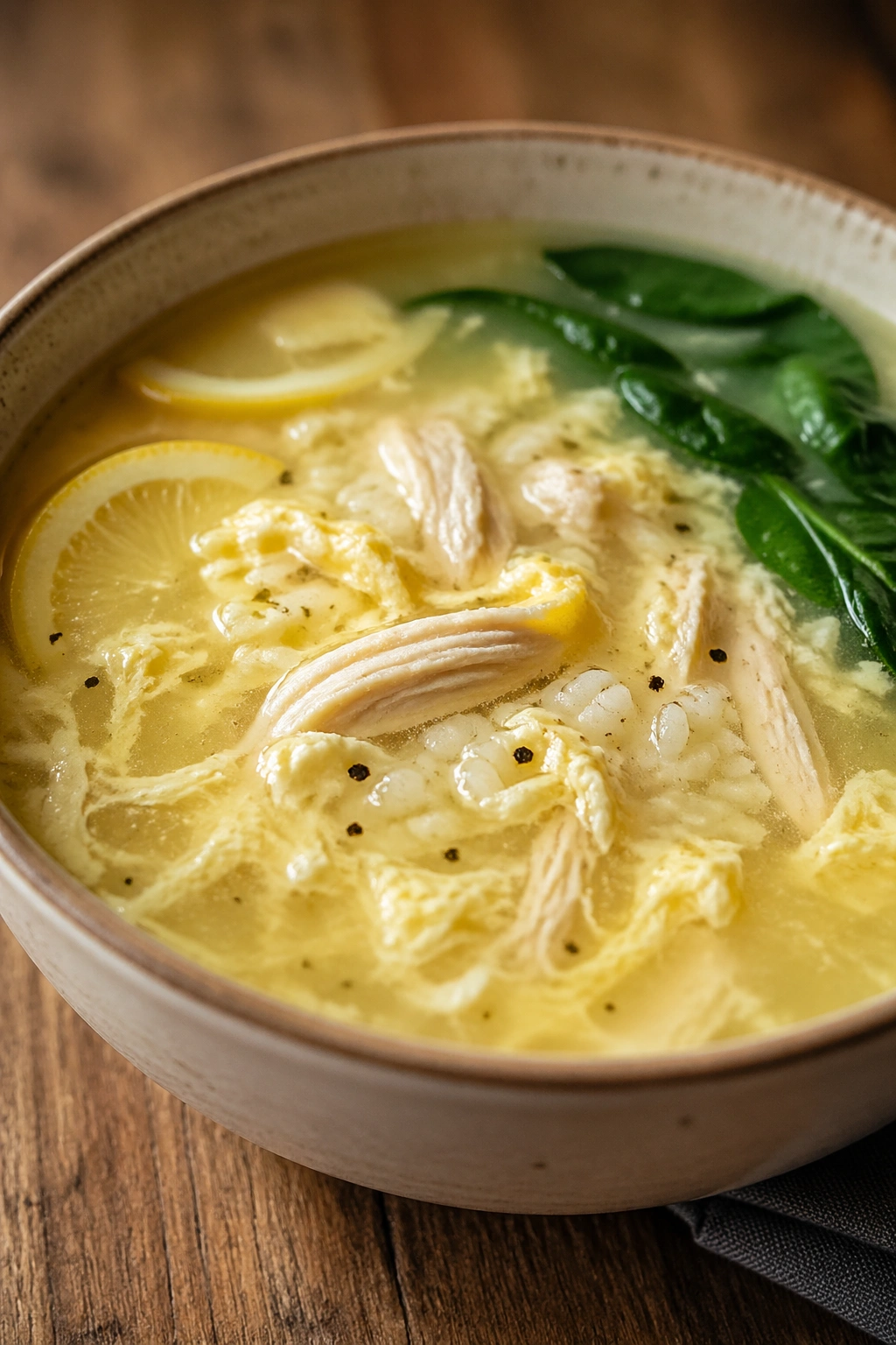 Steaming bowl of lemon rice soup with delicate egg ribbons and spinach