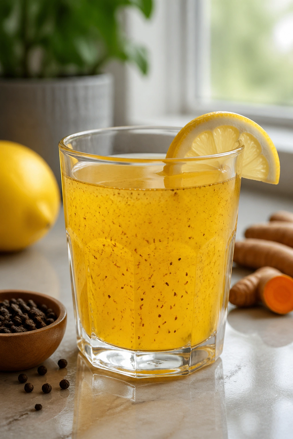 Close-up of lemon turmeric water with black pepper in a glass