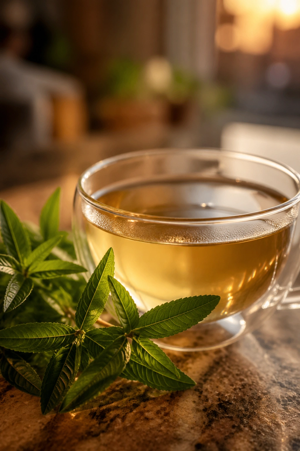 Close-up of a lemon verbena tea cup on a kitchen counter.