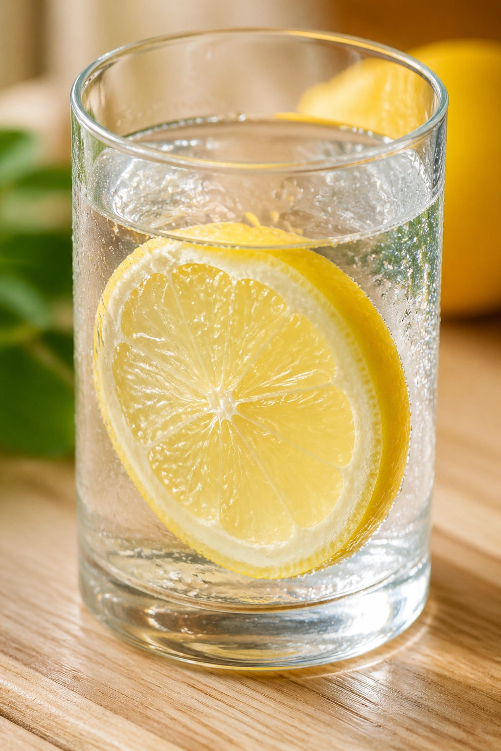 Close-up of lemon water in a glass with a lemon slice