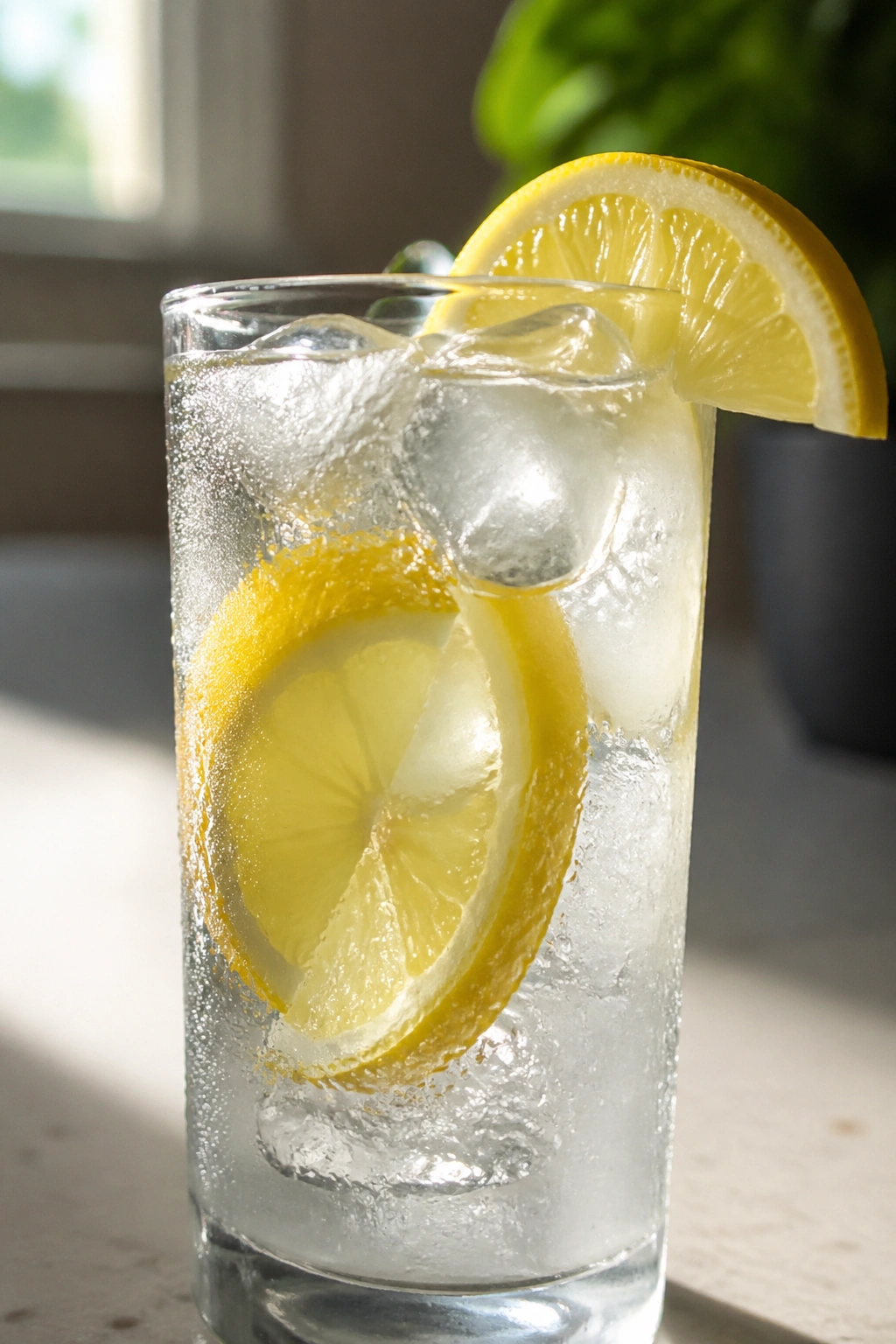 Close-up of a tall glass of lemon water with ice on a kitchen counter