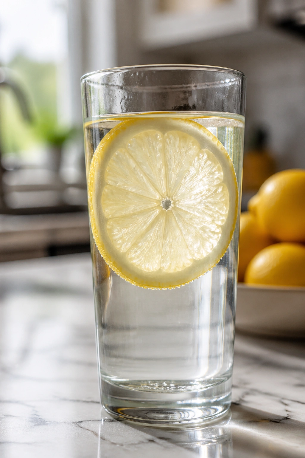 Close-up of lemon water in a tall glass with a lemon slice on a bright kitchen counter