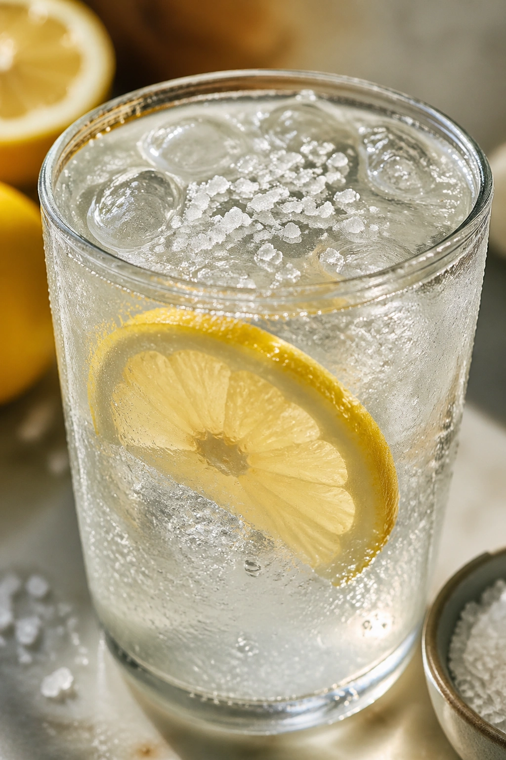 Glass of lemon water with sea salt on a bright kitchen counter