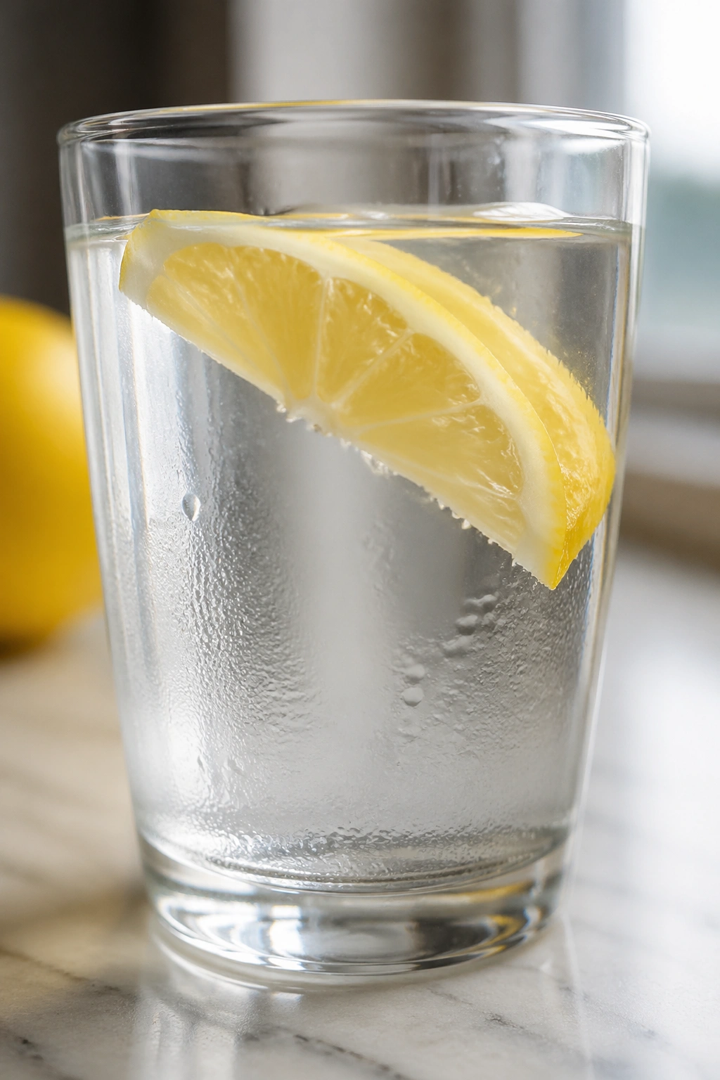 Close-up of lemon water in a glass with a visible lemon wedge on a neutral counter.