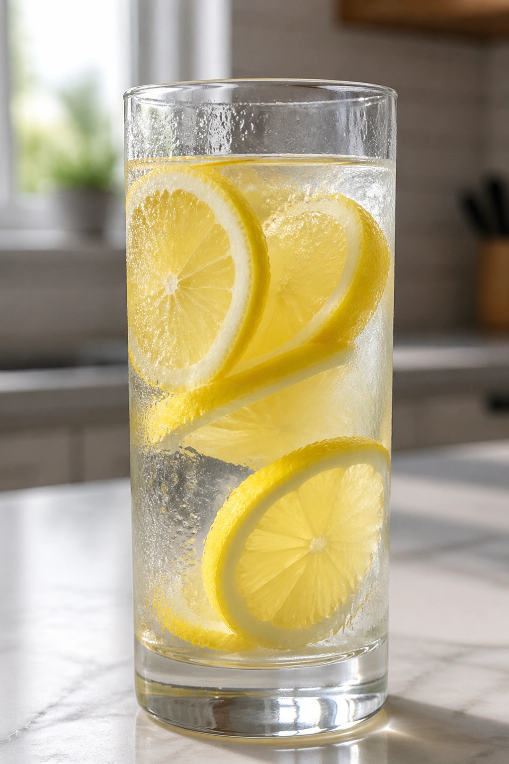 Close-up of a tall glass of lemon water with lemon slices on a kitchen counter