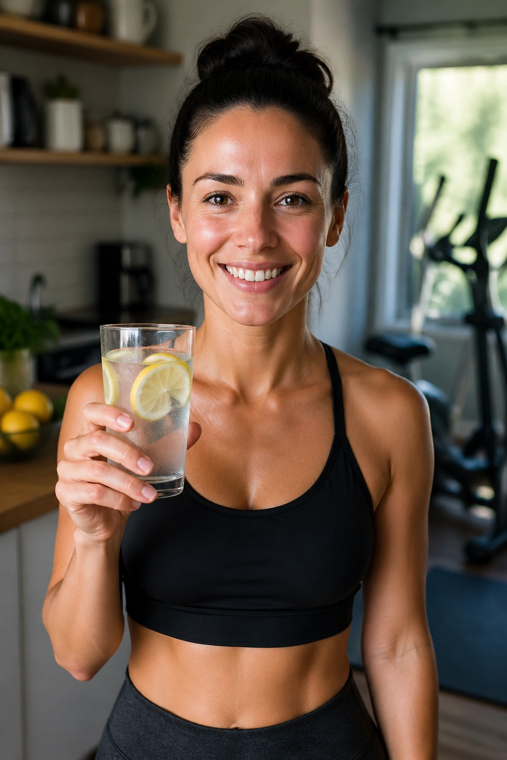 Real person holding lemon water with kitchen and workout area blurred in background