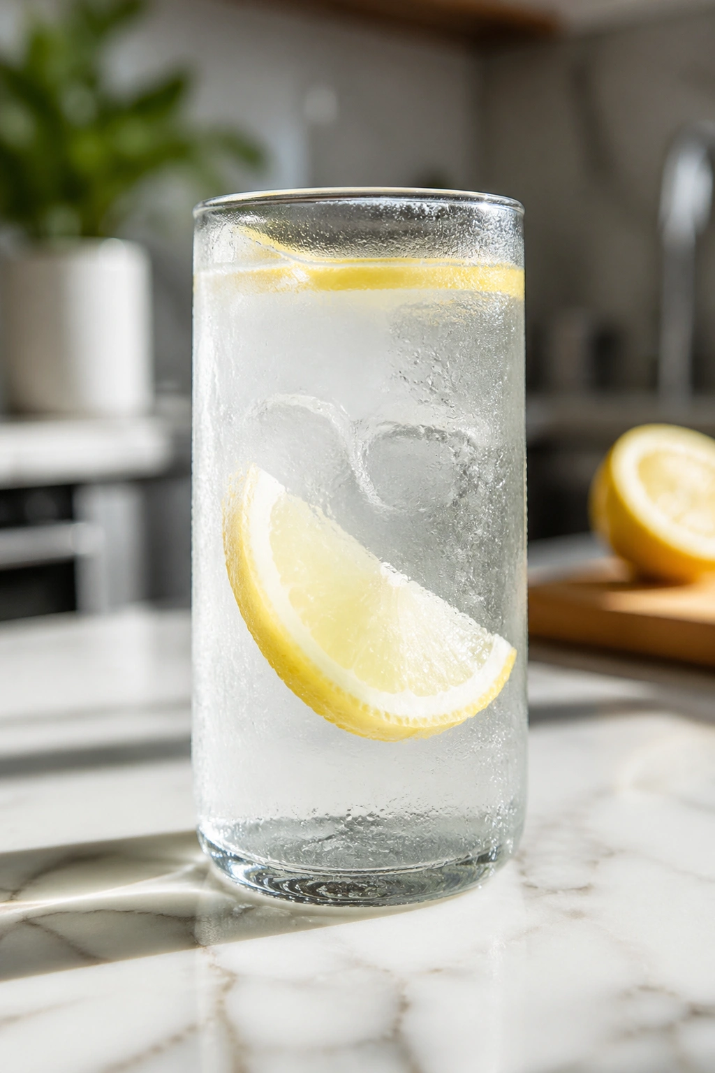 Glass of lemon water on a bright kitchen counter with a lemon wedge.