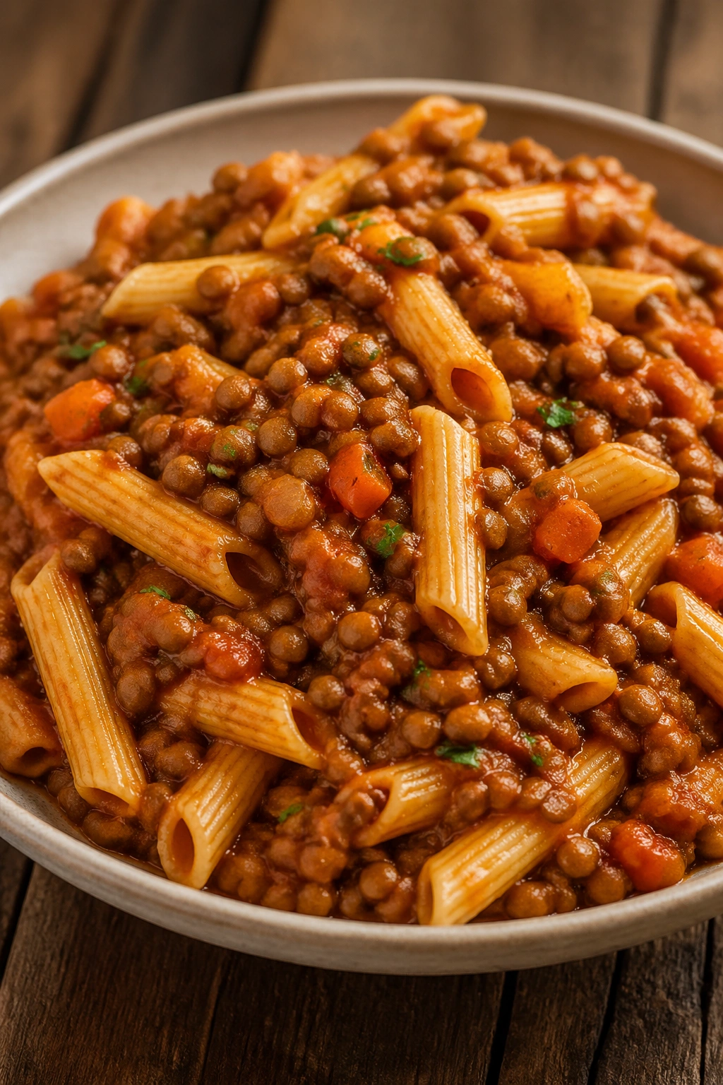 Close-up of lentil bolognese with protein pasta in rustic kitchen
