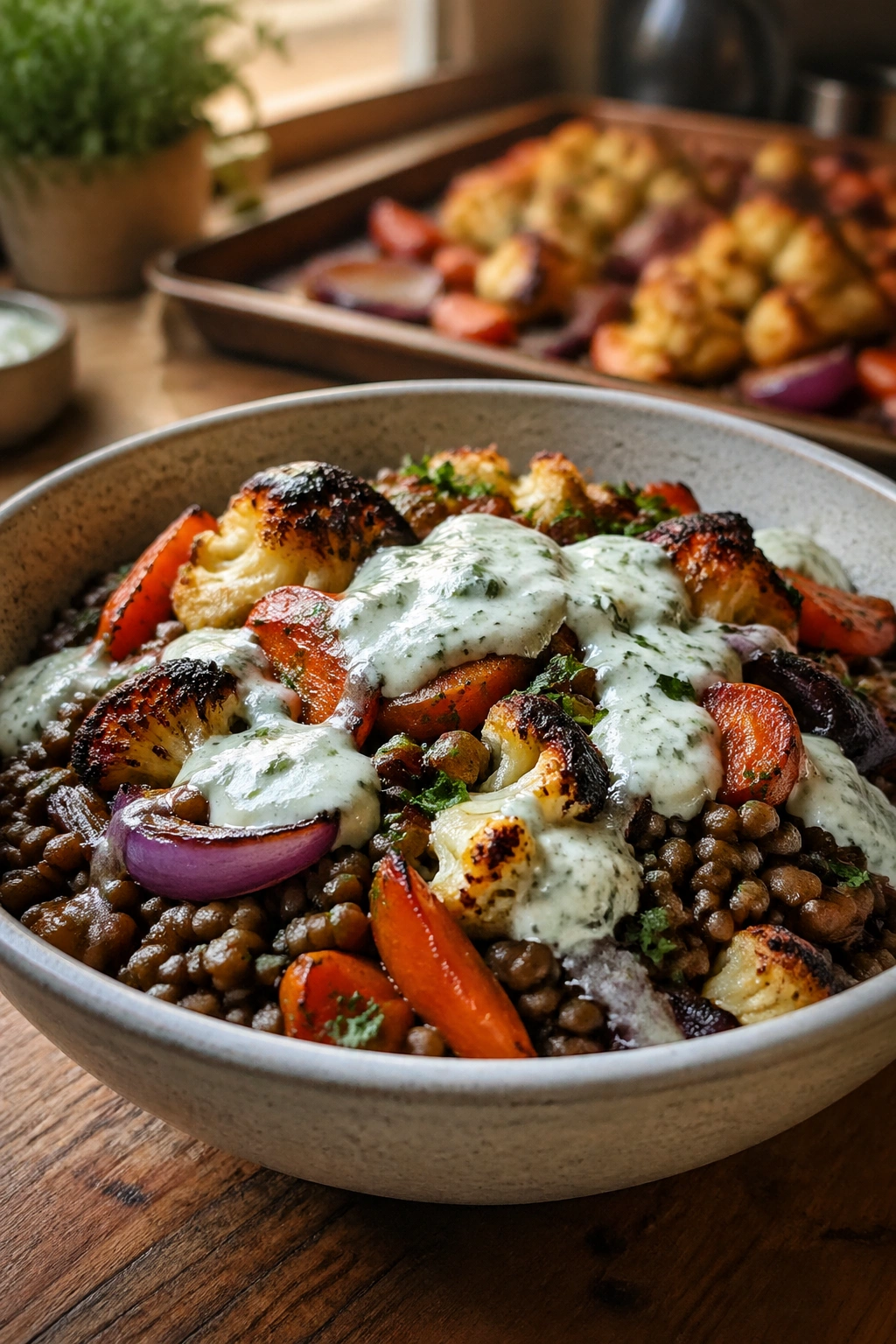 Close-up of lentil bowl with roasted vegetables and yogurt sauce in a warm kitchen setting