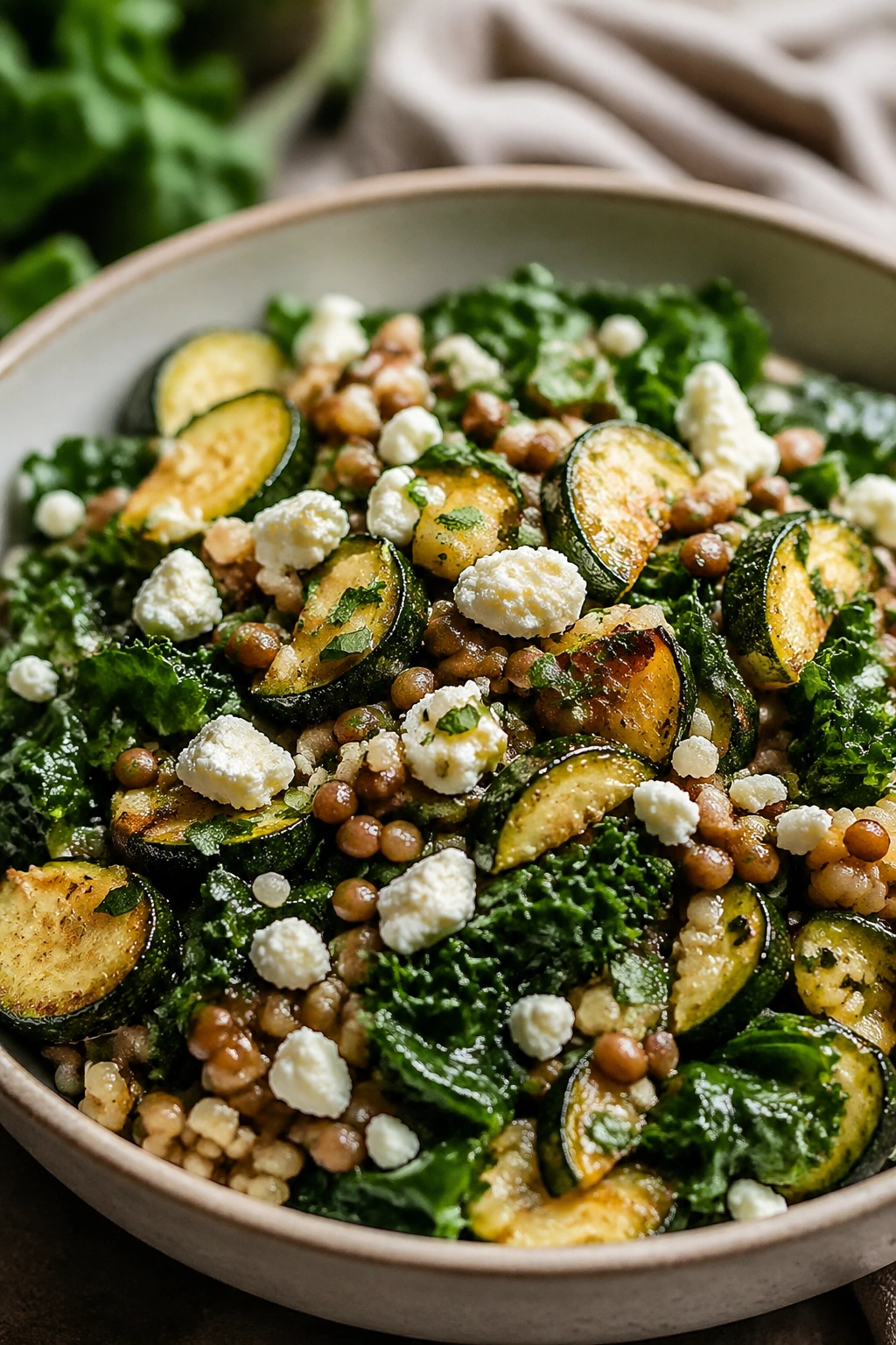 Close-up of Lentil Bulgur Feta Salad with roasted zucchini and greens