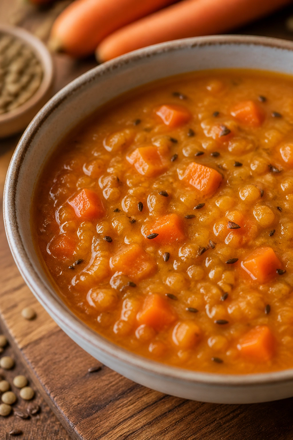 Close-up of lentil and carrot soup with cumin in a bowl