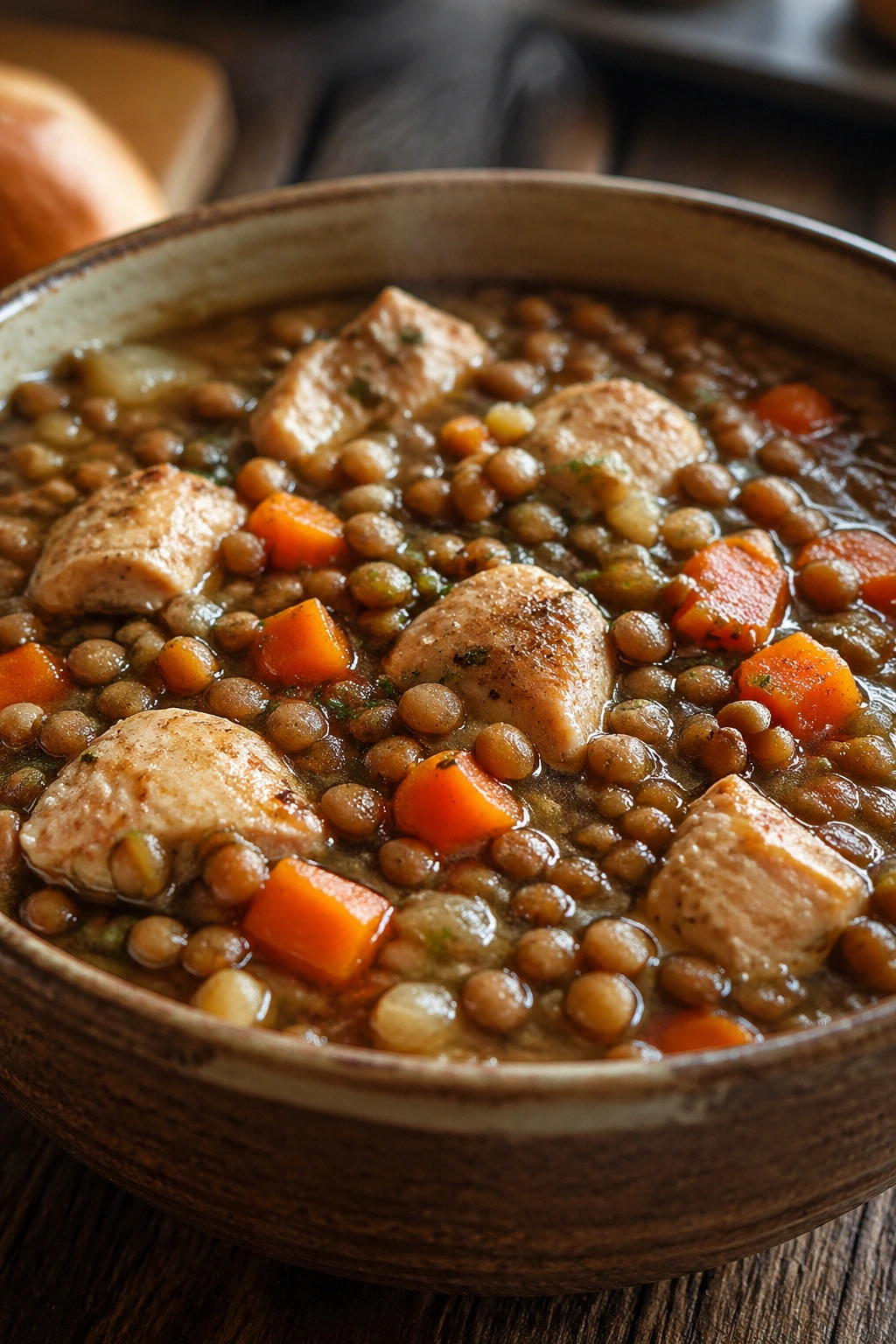 Close-up of lentil and chicken stew in a steaming bowl