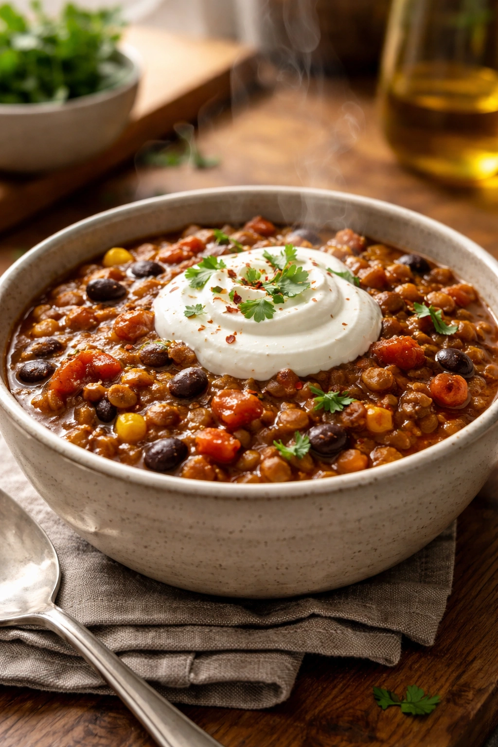 Close-up of lentil chili topped with Greek yogurt in a ceramic bowl