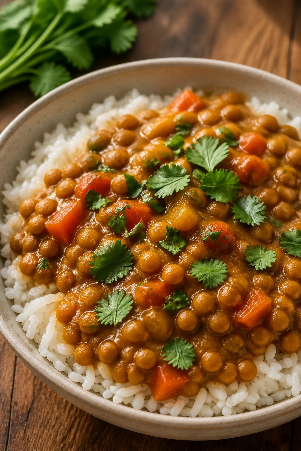 Lentil curry rice bowl with cilantro in a ceramic bowl