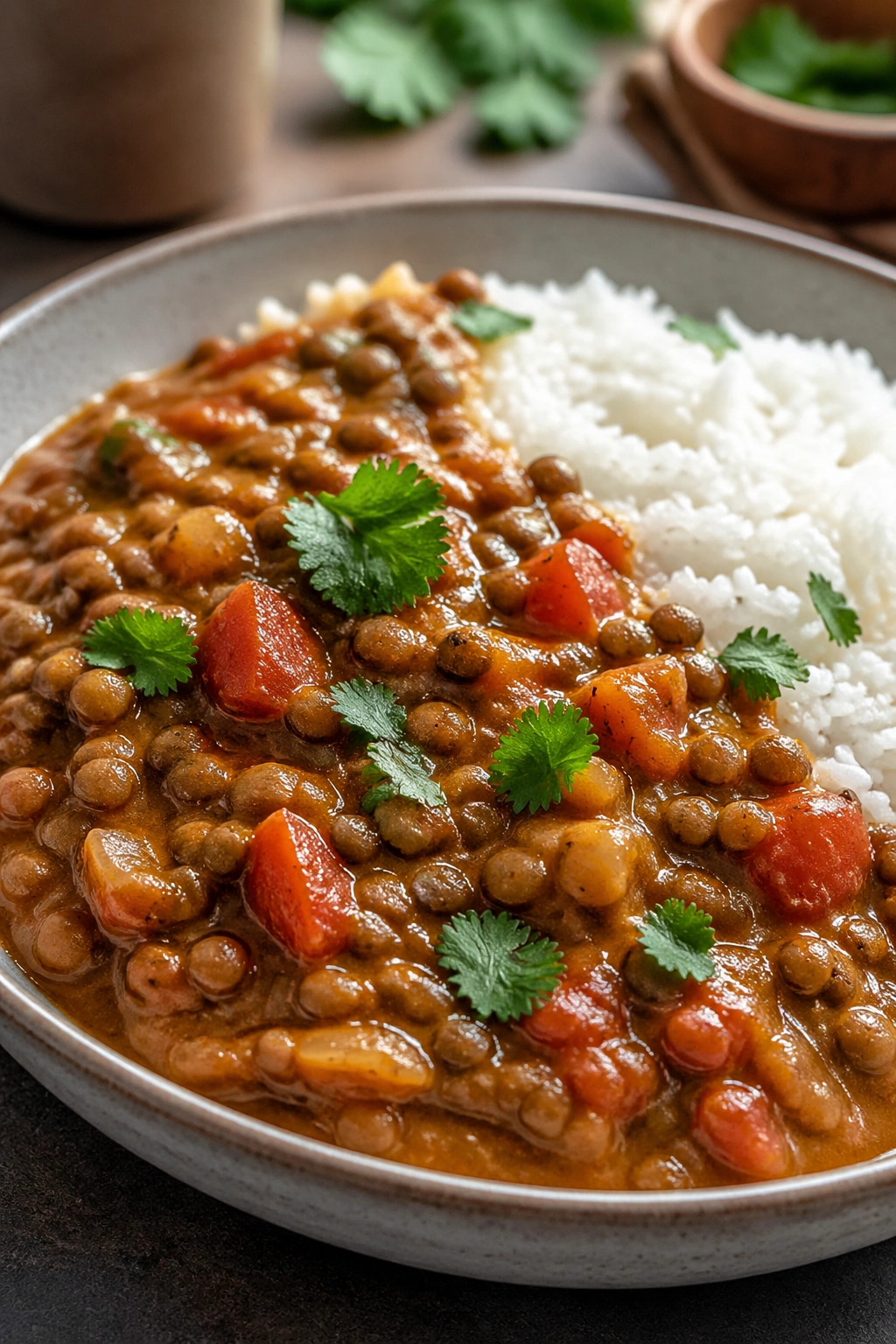 Close-up of lentil curry with rice in a bowl