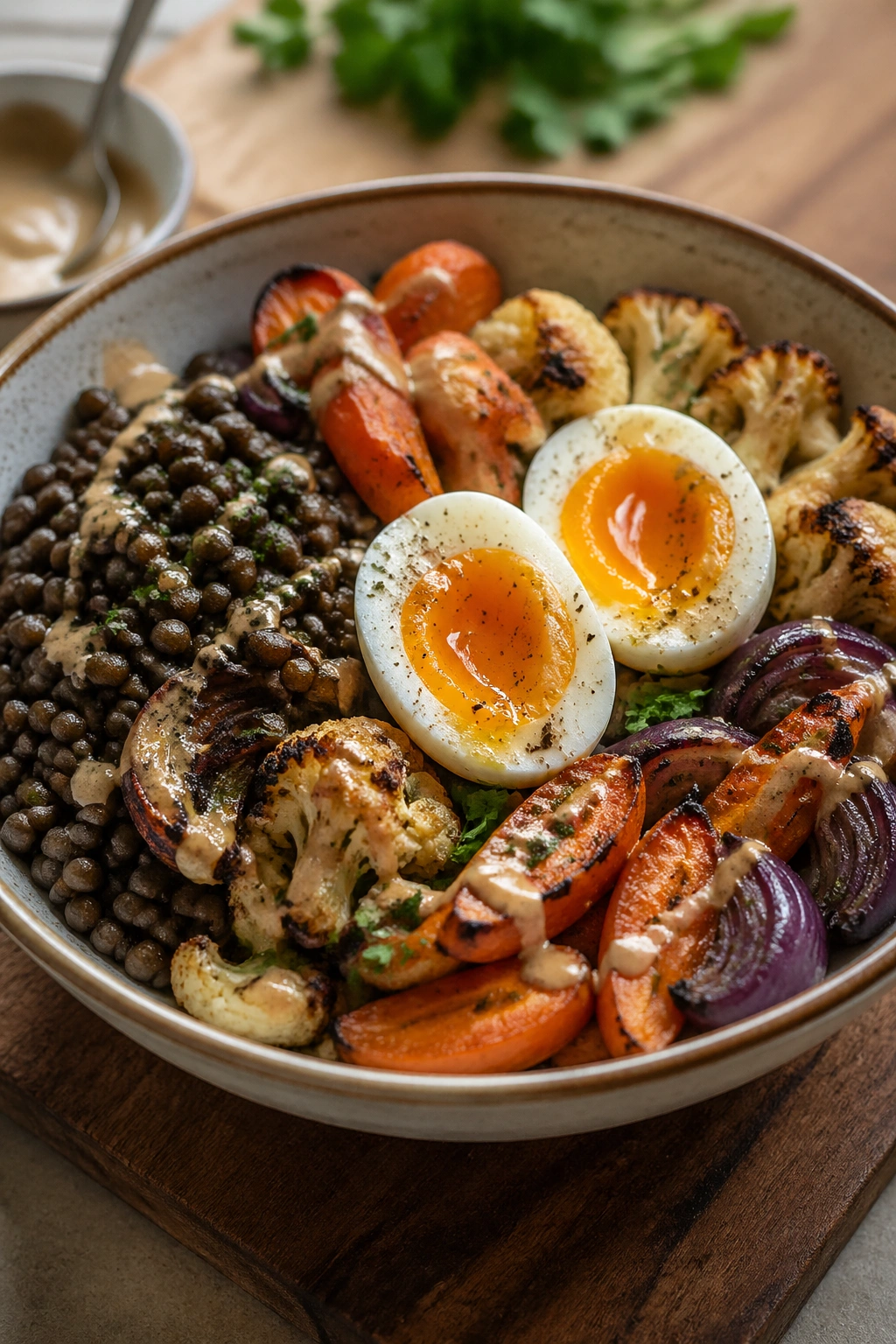 Close-up of Lentil and Egg Roasted Veg Bowl with lentils and roasted vegetables