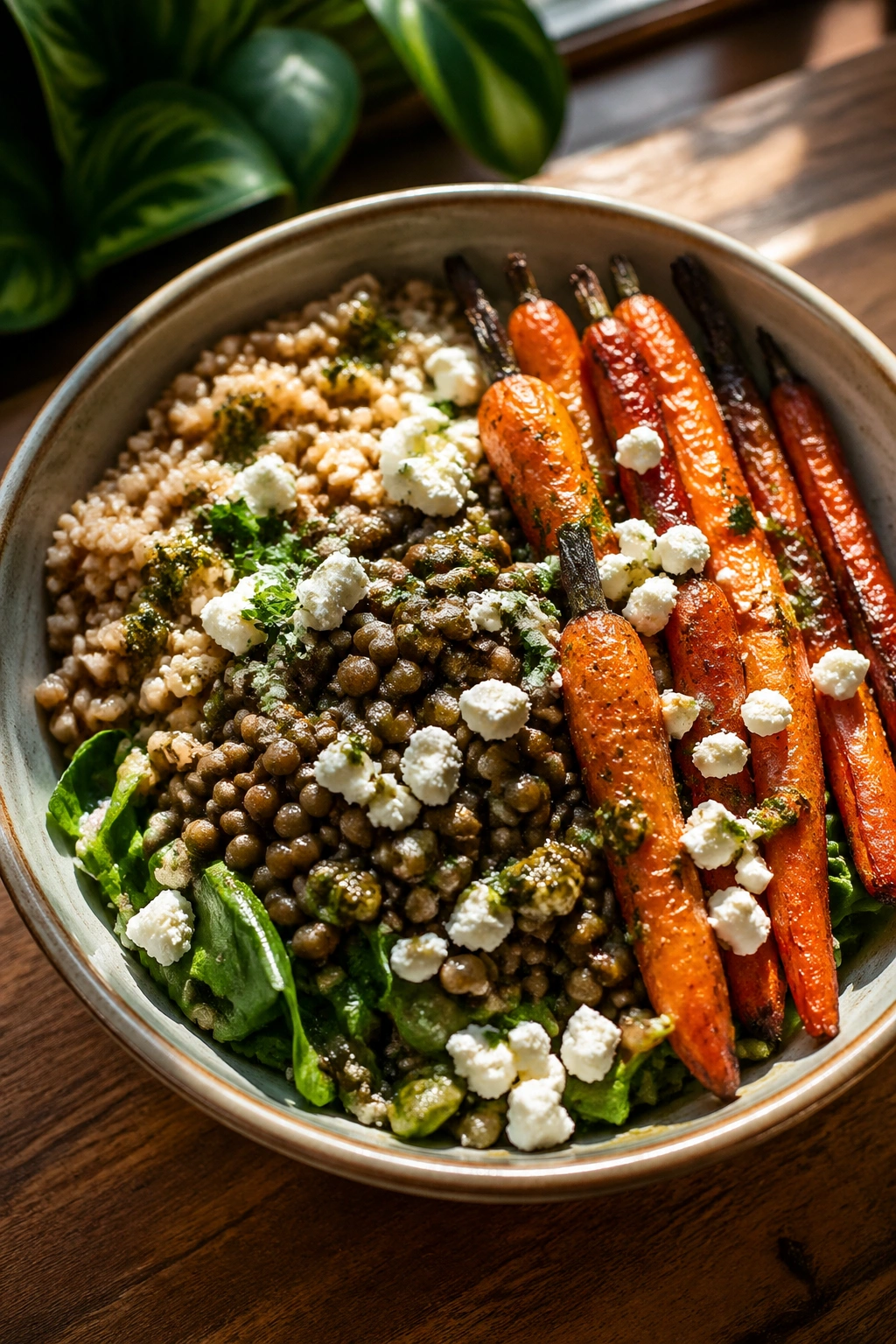 Close-up lentil feta grain bowl with roasted carrots for post-workout lunch