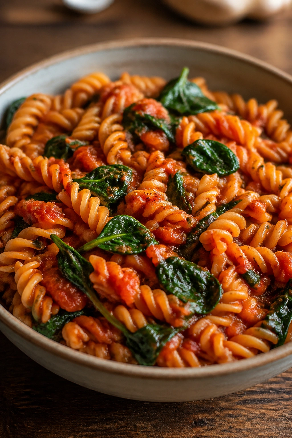 Close-up of lentil pasta with tomato sauce and spinach in a bowl