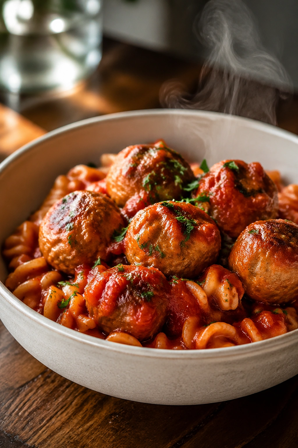 Lentil pasta with turkey meatballs in marinara sauce on a plate