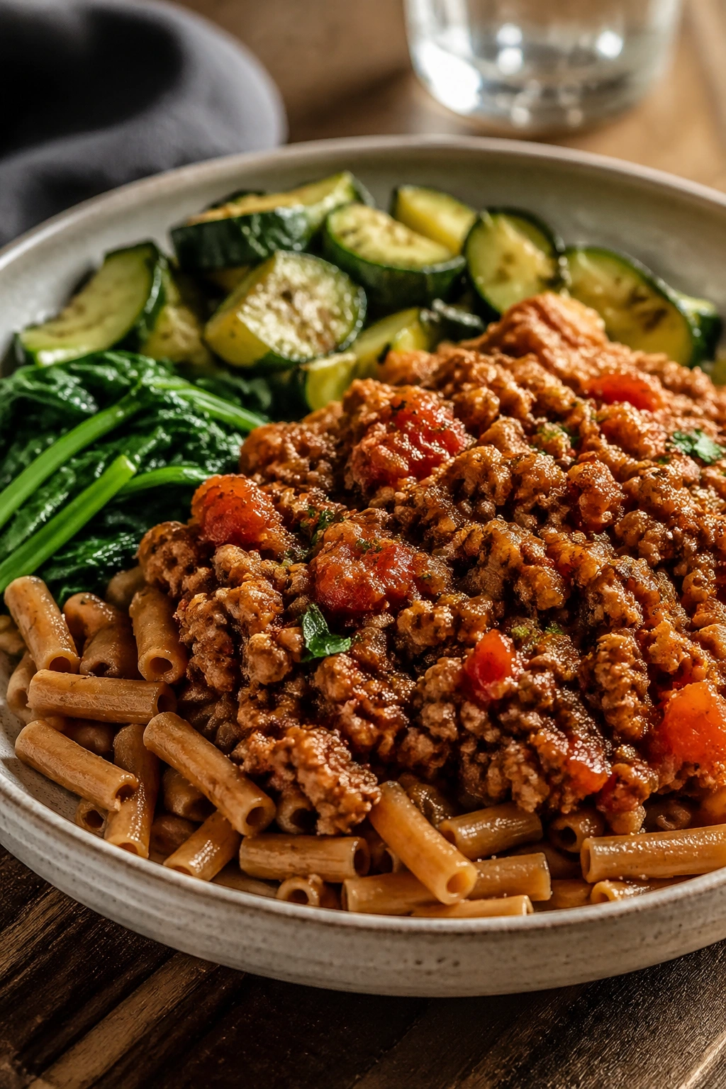 Lentil pasta with turkey meat sauce in a bowl