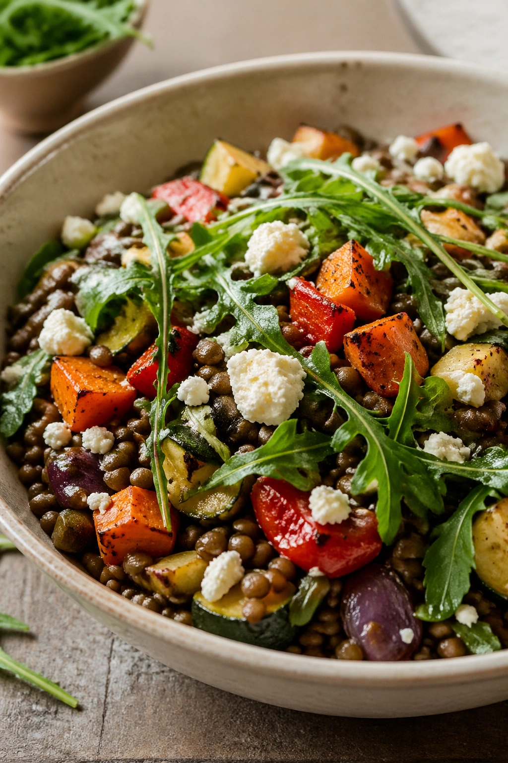 Close-up of lentil salad with feta and roasted vegetables in a bowl
