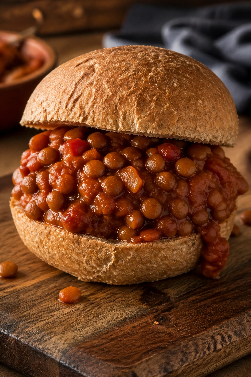 Lentil sloppy joes sandwich filling on bun