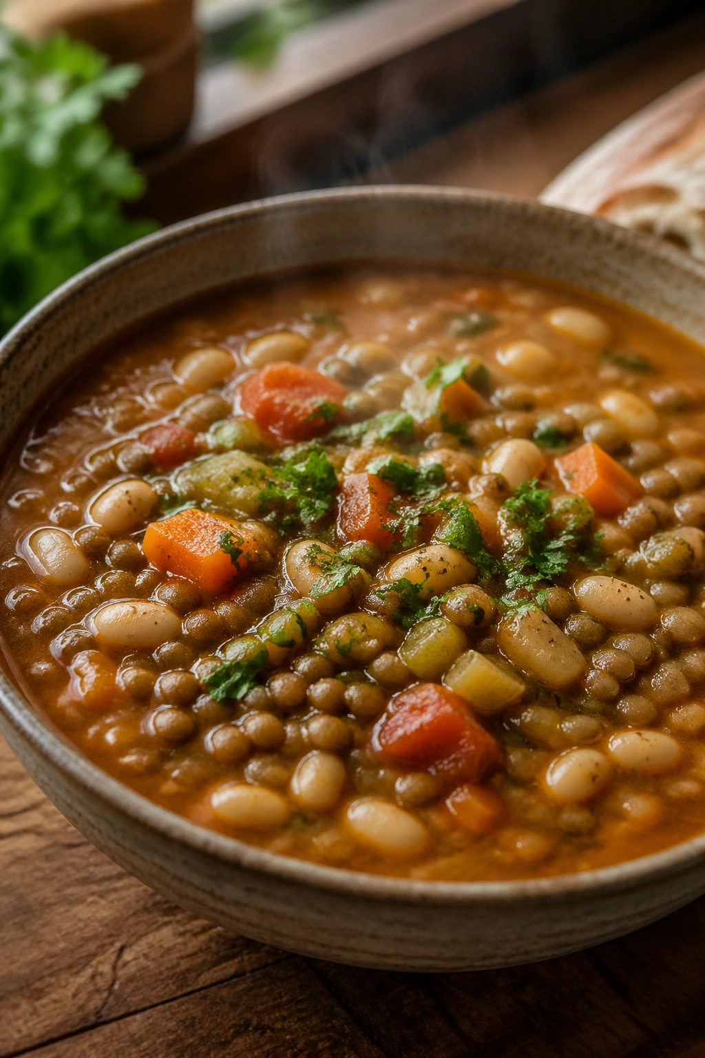 Close-up of a lentil or bean soup bowl on a rustic table