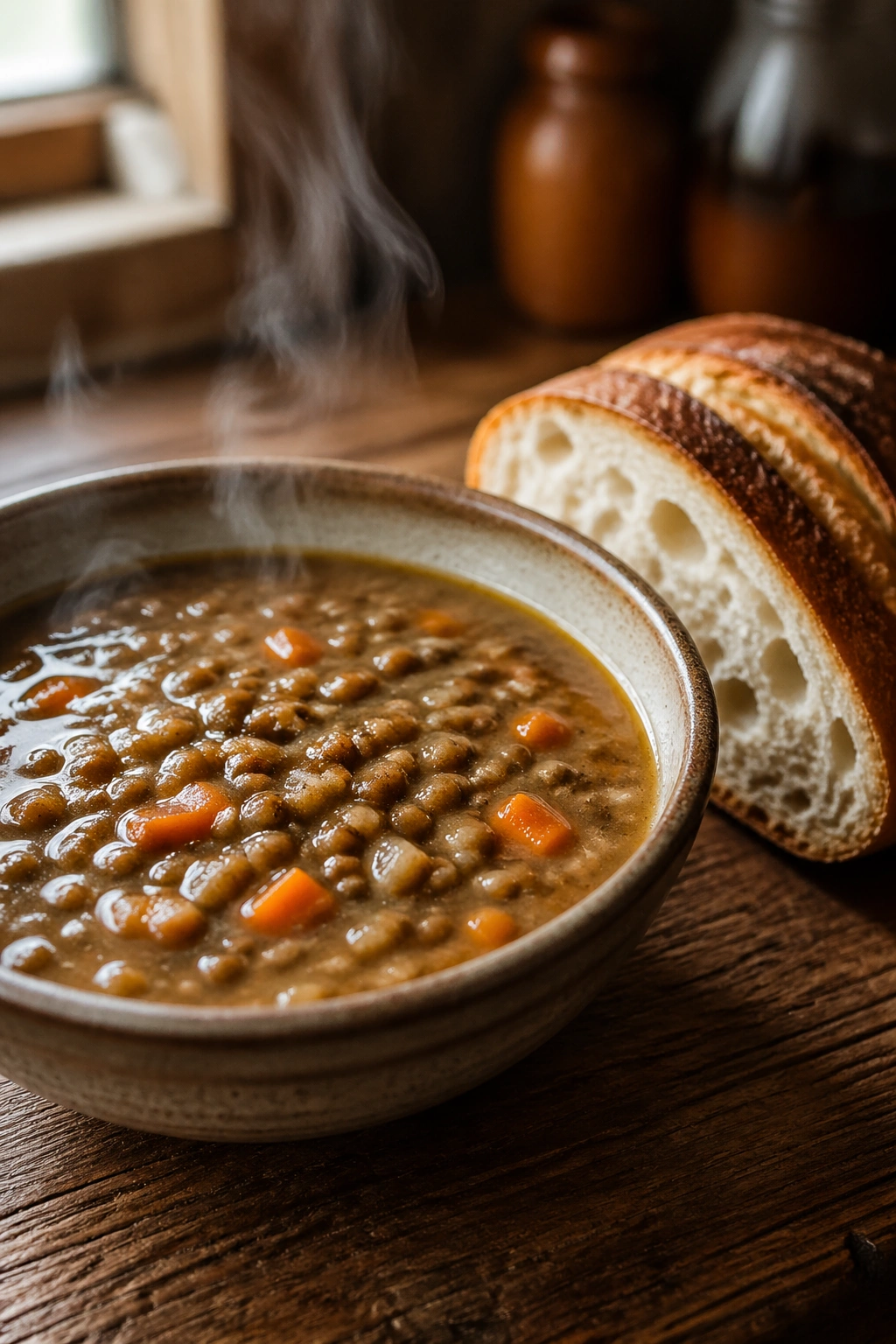 Close-up of lentil soup with bread in a warm kitchen setting