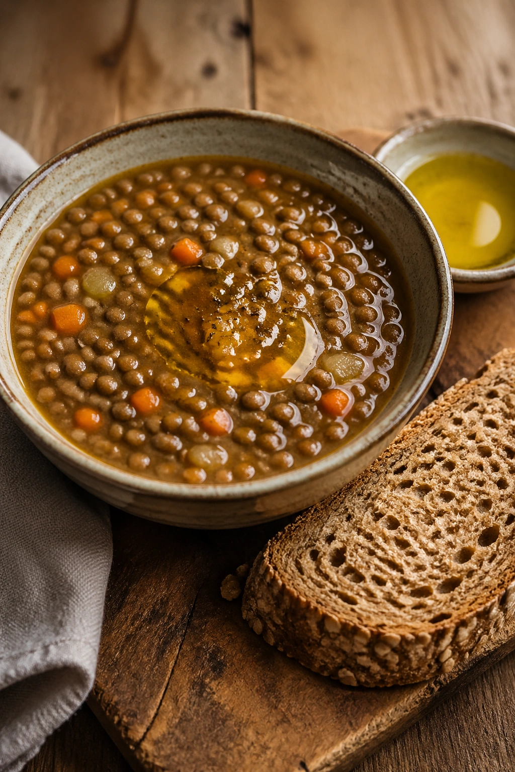 Lentil soup in a bowl with olive oil and whole-grain bread.