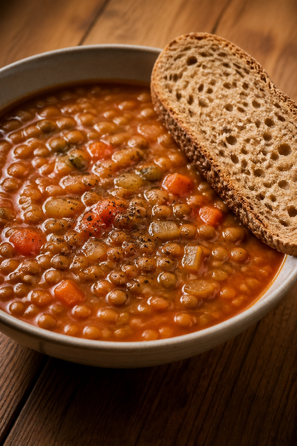 Bowl of lentil soup with a slice of whole-grain bread.