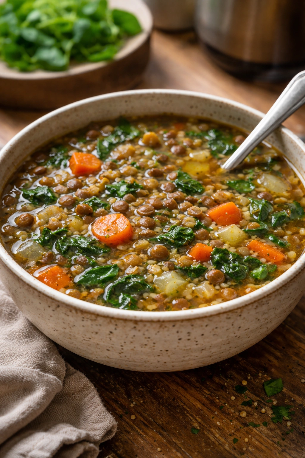 Steaming bowl of lentil vegetable soup with carrots and celery in a rustic bowl on a wooden counter.