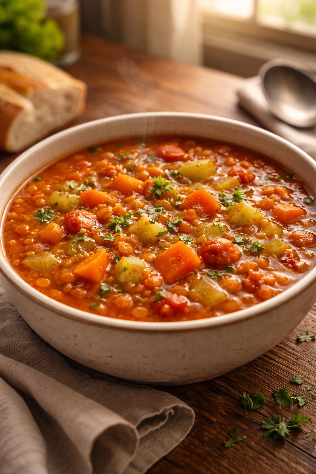 Steaming lentil tomato soup with carrots and celery in a bowl on a wooden table