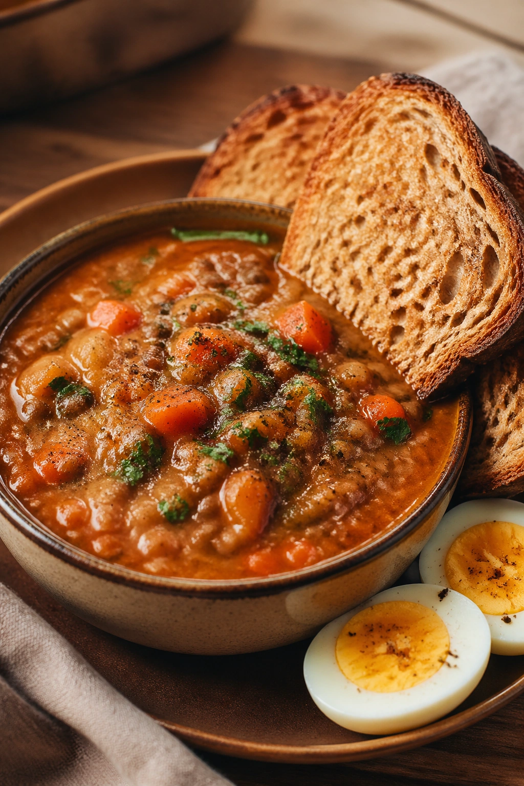 Thick lentil soup in a bowl with toast and boiled eggs on the side.