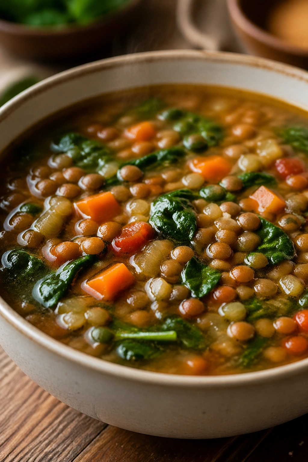 Steaming bowl of lentil soup with spinach in a rustic kitchen