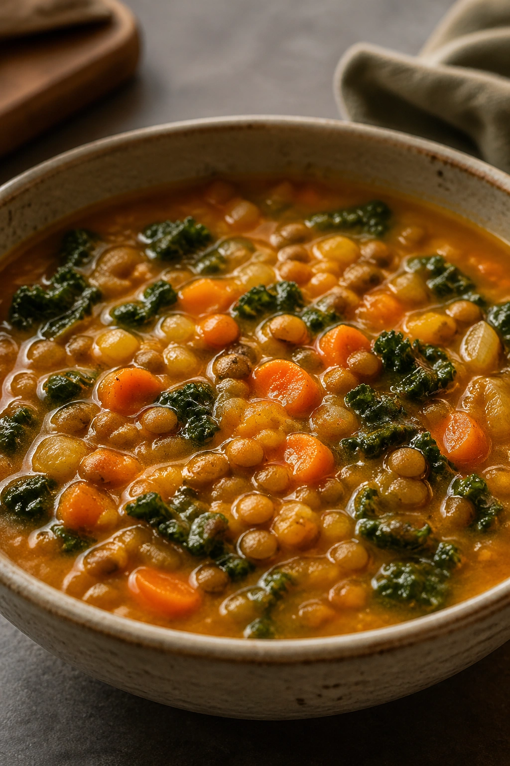 Close-up of turmeric-spiced lentil soup in a bowl