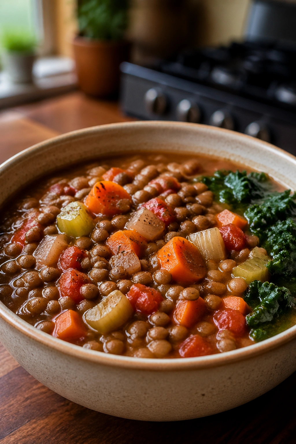 Close-up of thick lentil soup in a ceramic bowl with vegetables, warm kitchen setting