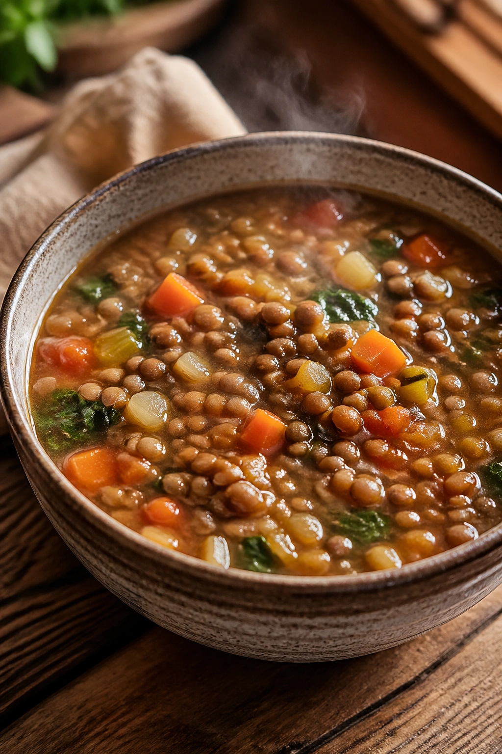 Close-up of lentil vegetable soup in a bowl