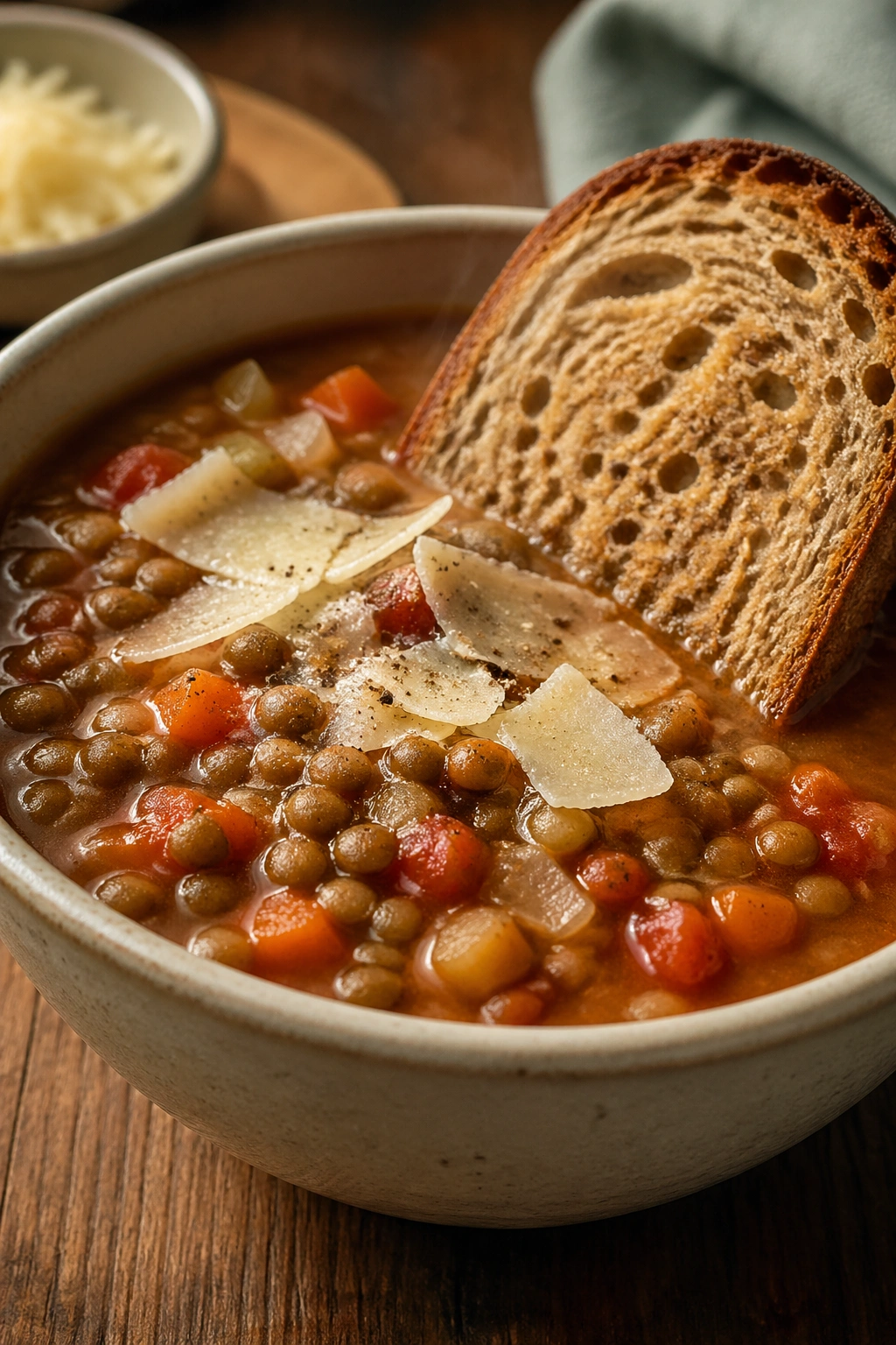 Close-up of Lentil Soup with Toast and Parmesan