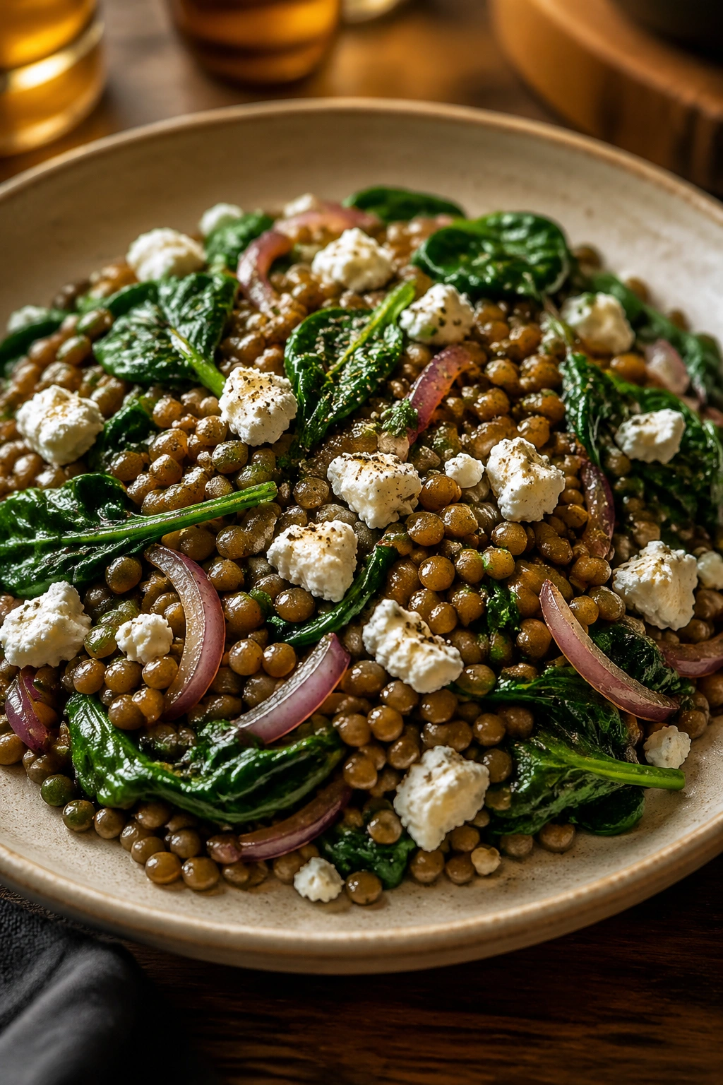 Close-up of warm lentil salad with spinach and goat cheese on a plate