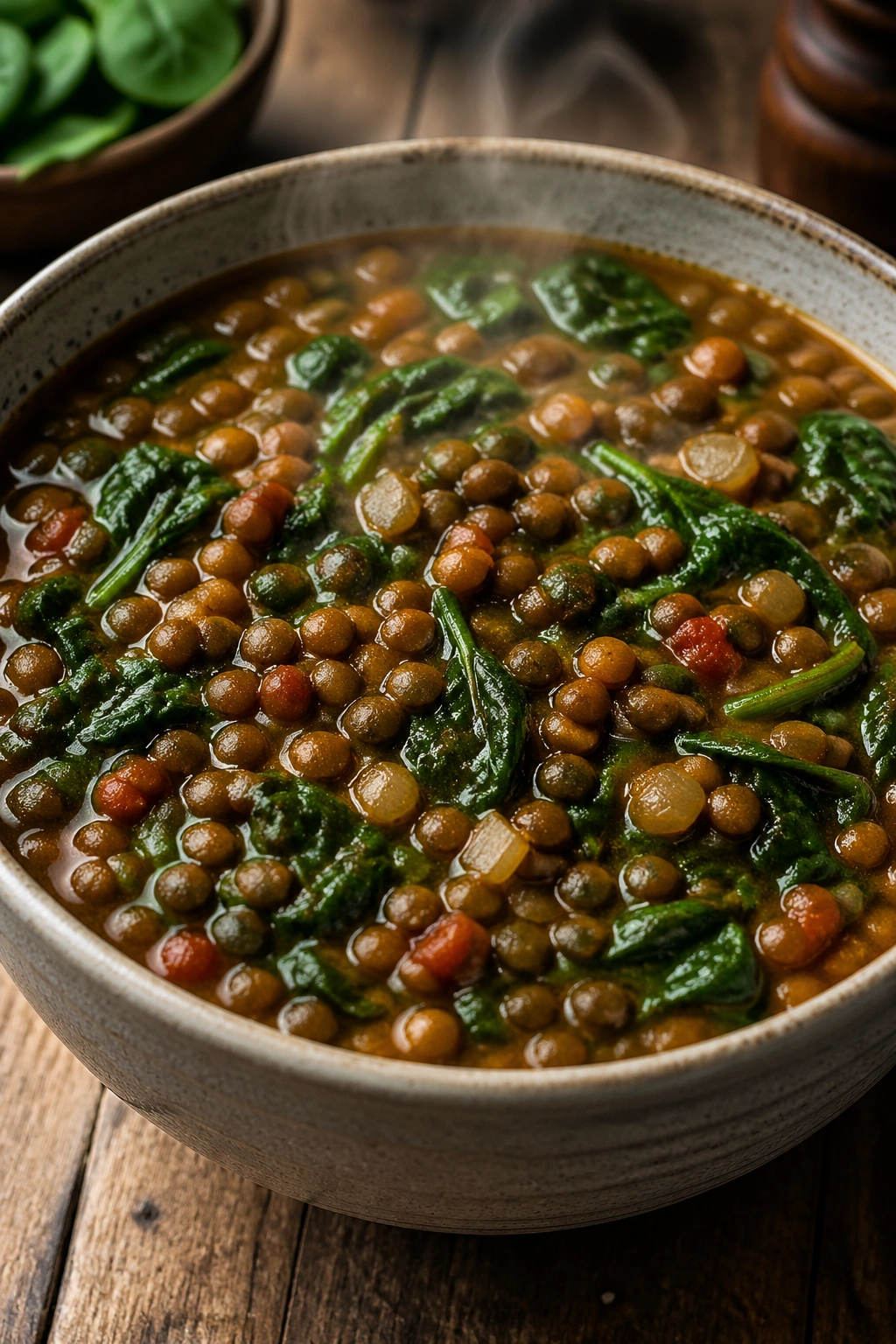 Steaming lentil spinach stew in a bowl