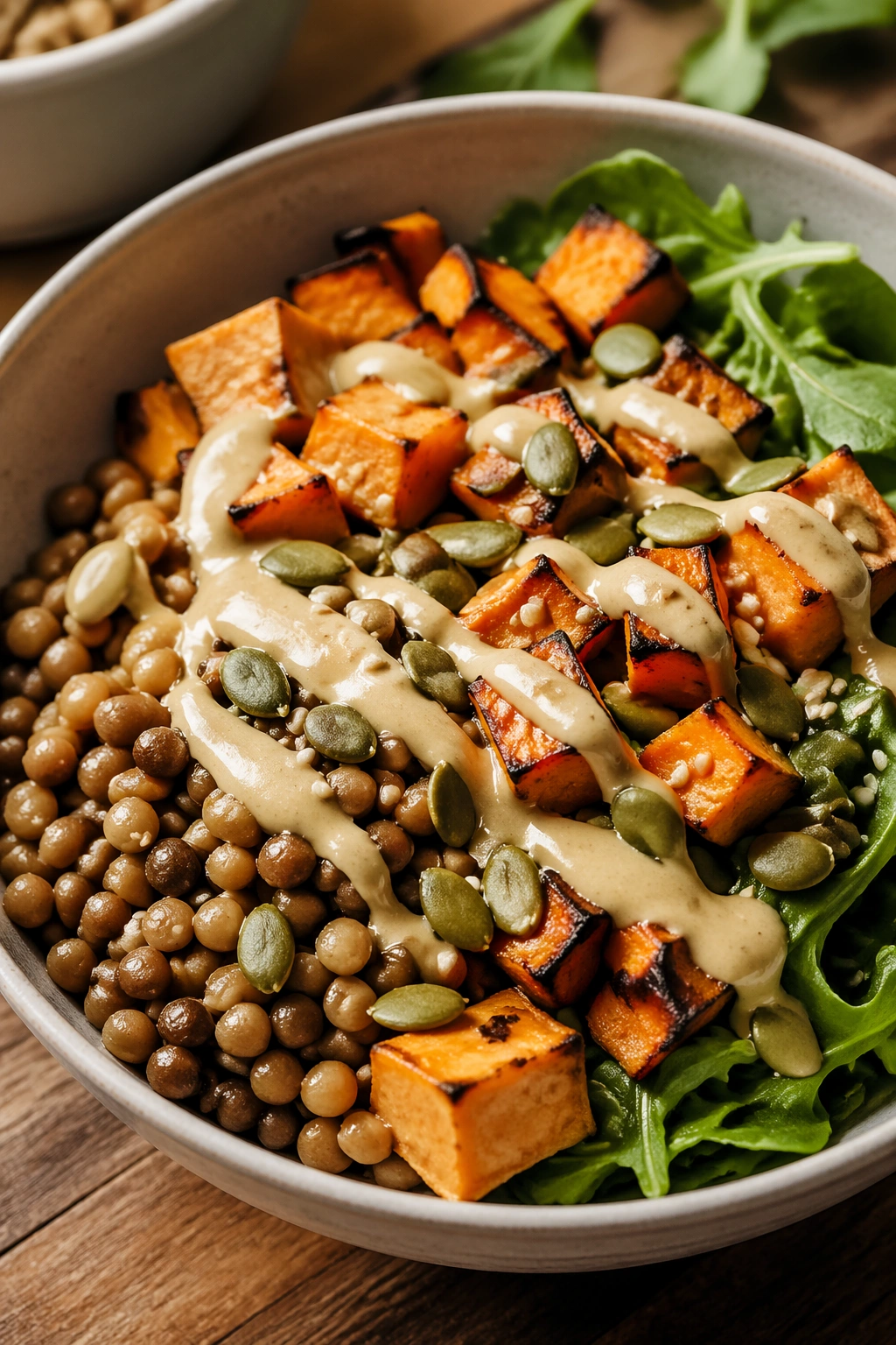 Close-up of lentil and sweet potato bowl with tahini dressing in a sunlit kitchen