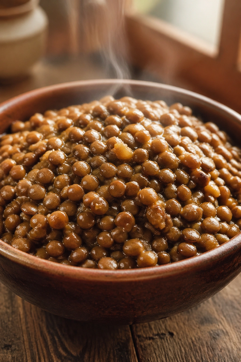 Close-up of a steaming bowl of lentils on a wooden kitchen table.