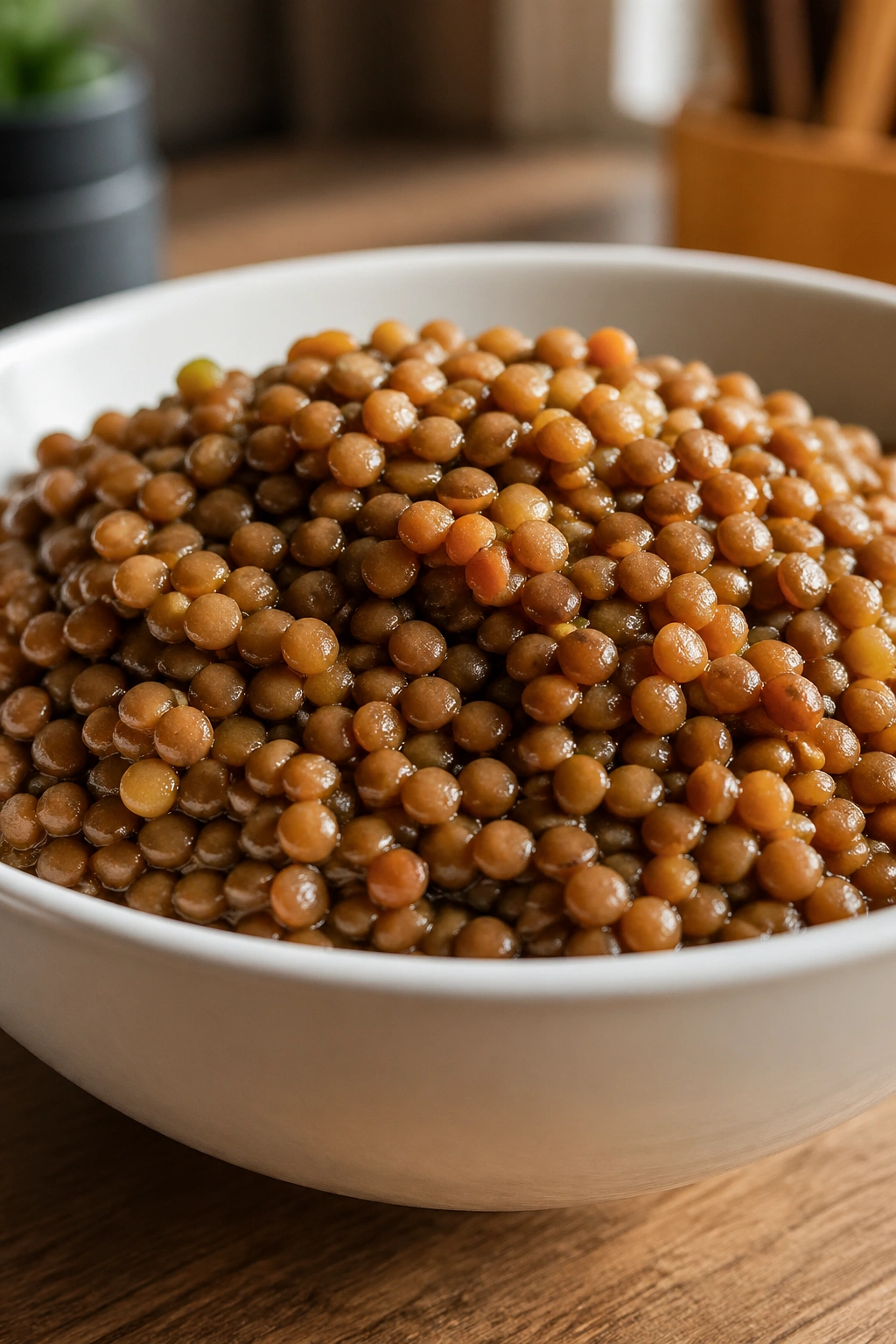 Close-up of cooked lentils filling a white bowl on a wooden table