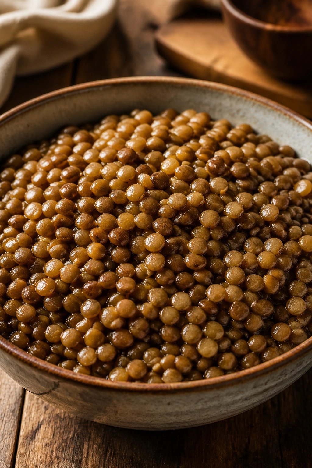 Close-up of a glossy bowl of cooked lentils on a rustic wooden table