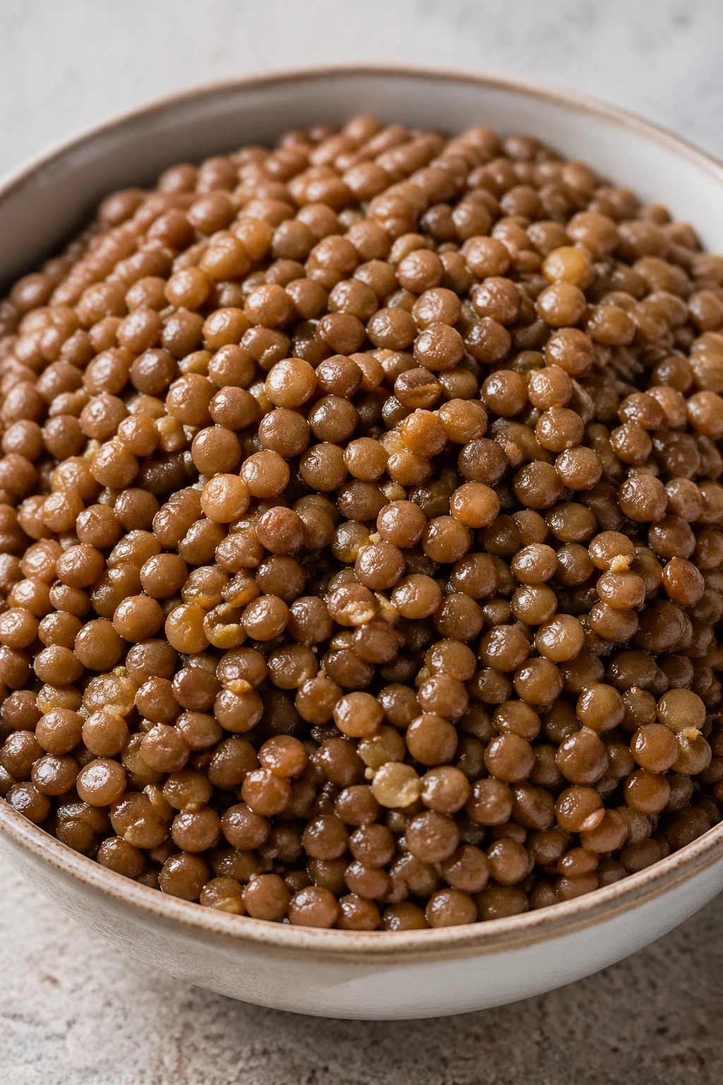 Cooked lentils in a bowl on a kitchen counter