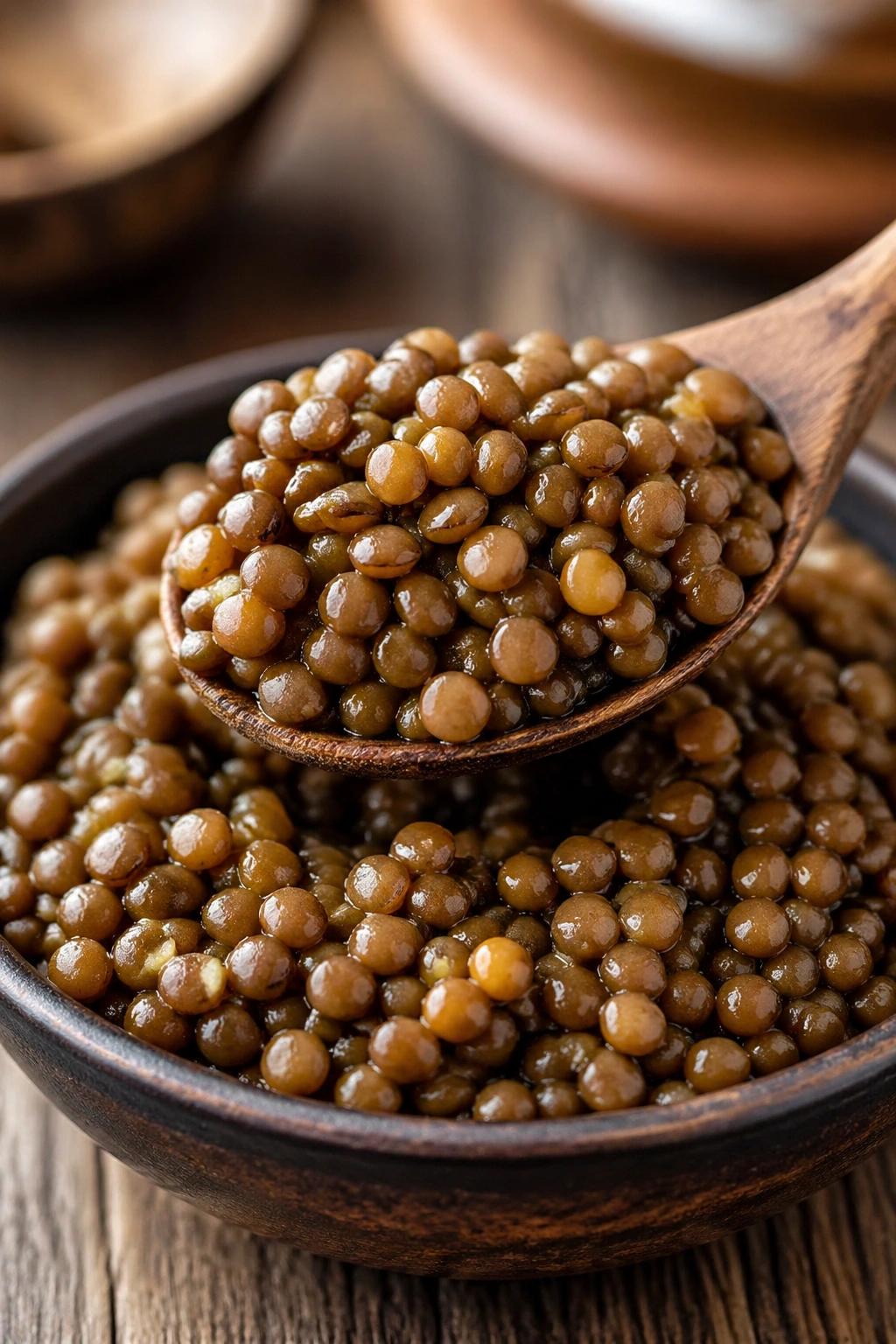Close-up of cooked lentils in a rustic bowl filling the frame
