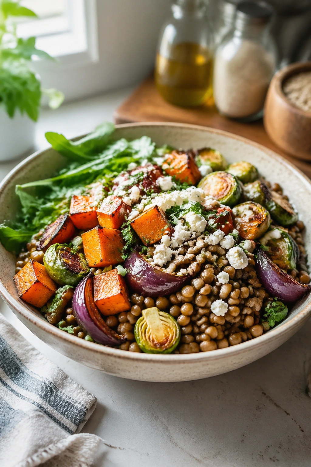 Vibrant lentil bowl with roasted vegetables and feta as a plant-forward protein meal