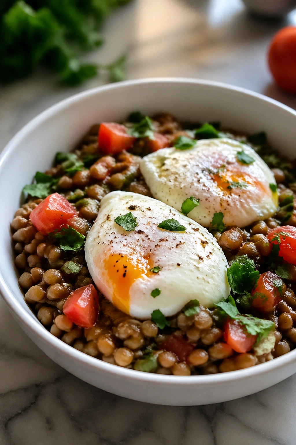 Close-up of lentil breakfast bowl with poached eggs in a bright kitchen