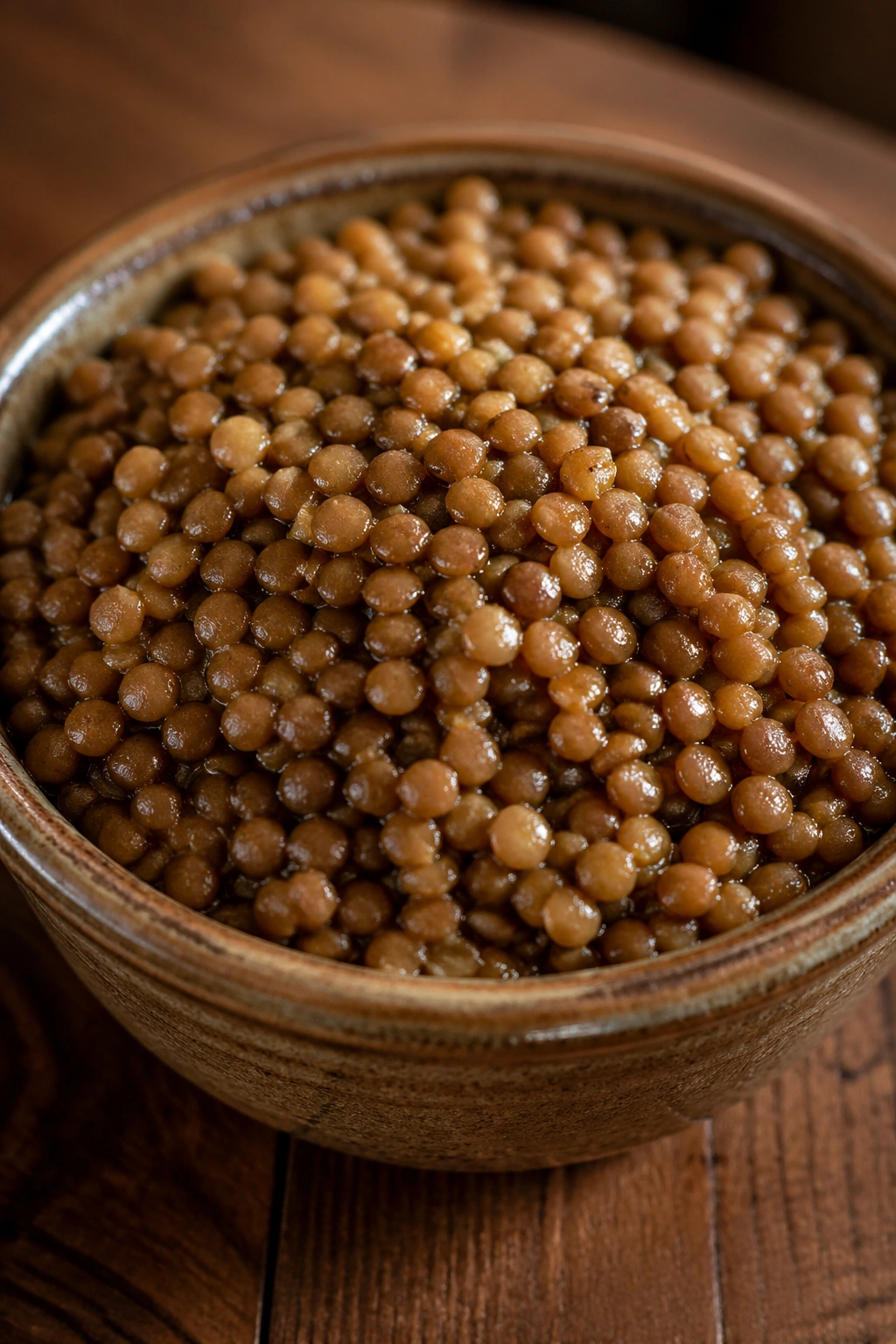 Close-up of glossy cooked lentils in a rustic bowl on a wooden table