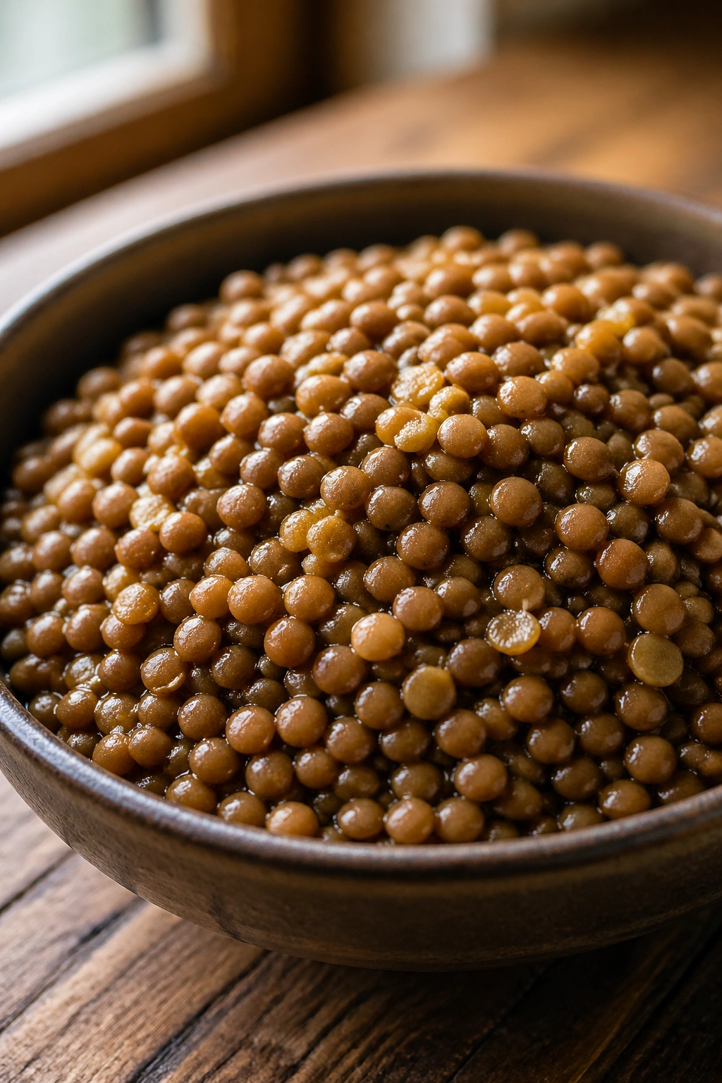 Lentils in a bowl on a wooden table